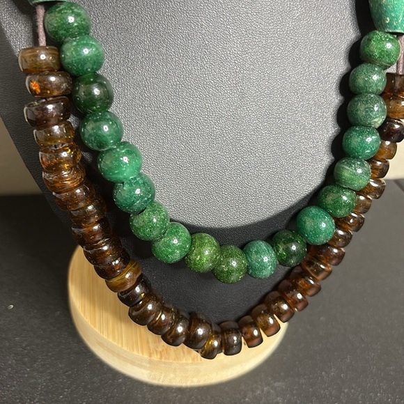 Artisan Emerald Green Malachite Gemstone Glass Wood Metal Cord Necklace - Picture 4 of 8